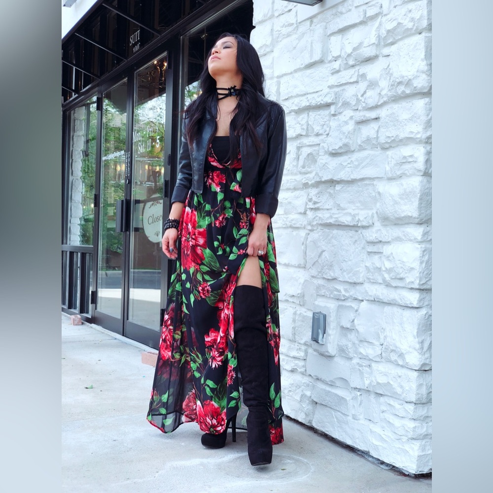 Floral rose sheer chiffon maxi dress  with long sleeves